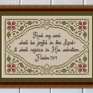 Cross Stitch Pattern - Bible Verse Pattern Joyful In The Lord - Psalm 35:9   by Happiness Is HeartMade, 2 page cardstock leaflet, 14 or 16ct