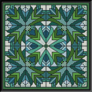 May include: A cross-stitch pattern with a geometric design featuring shades of green, blue, and white. The pattern is framed in a dark green border.