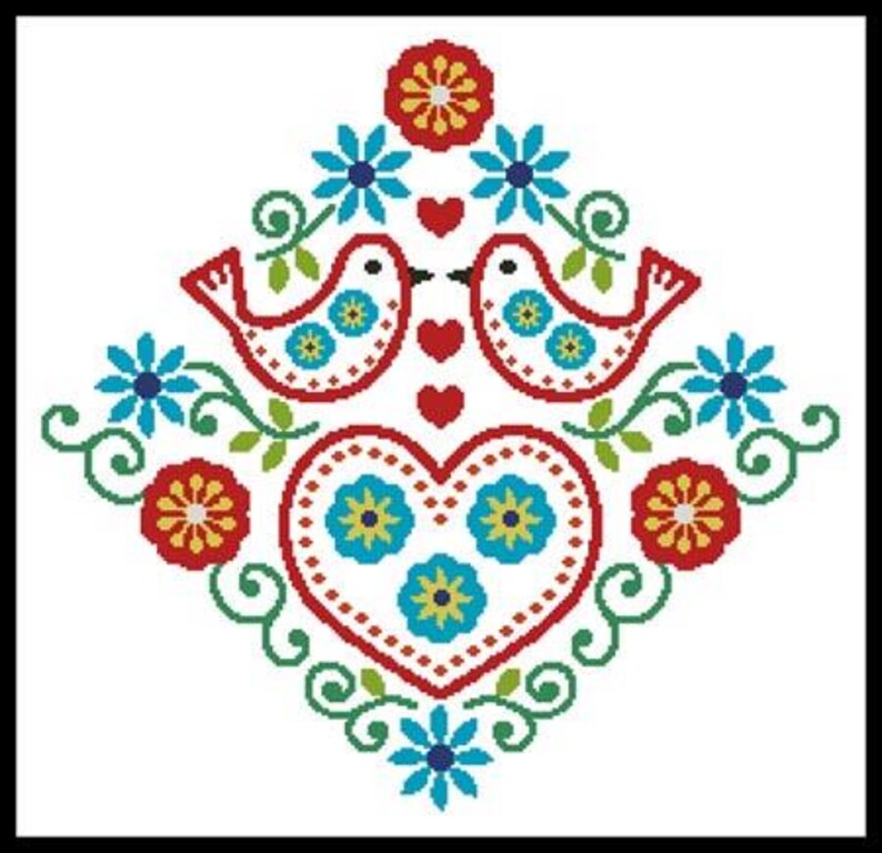 Cross Stitch Pattern - Folk Art Love Birds by Artecy, 14, 16 or 18 ...