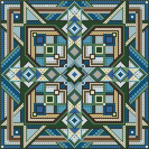 May include: A geometric pattern with a repeating design of squares, diamonds, and triangles in shades of blue, green, brown, and beige.