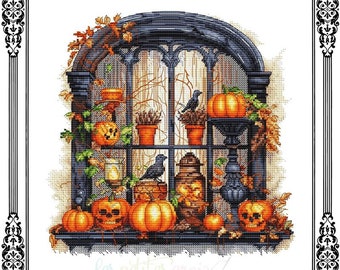 Halloween Window Counted Cross Stitch Pattern