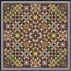 May include: A colorful cross-stitch pattern with a geometric design featuring shades of green, brown, purple, and yellow.