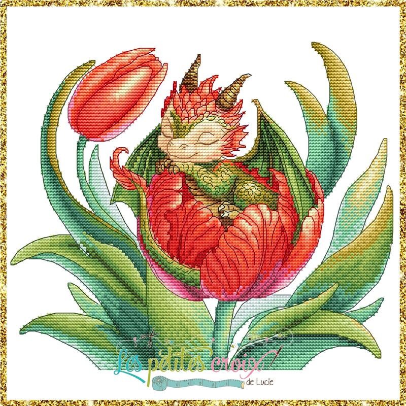 Baby Dragon Tulip Counted Cross Stitch Pattern by Les Petites
