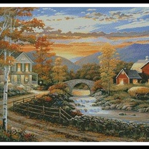 Brookside Farm at Sunset Counted Cross Stitch Pattern