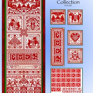 May include: A red and white cross stitch pattern featuring a Christmas village, reindeer, a heart, and the word "NOEL". The pattern is part of the "Christmas Redwork Collection" by JE239.