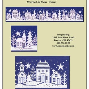 May include: A cross-stitch pattern titled "Winter Silhouette" by Diane Arthurs. The design features white houses, trees, and stars on a blue background. The image includes the Imaginating logo and contact information.