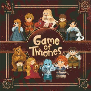 May include: A colorful illustration of characters from the popular TV show Game of Thrones. The characters are depicted in a cartoon style and are arranged in a circle around the title "Game of Thrones".