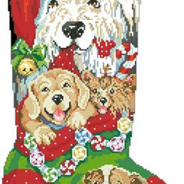 Puppies for Christmas Stocking Counted Cross Stitch Pattern