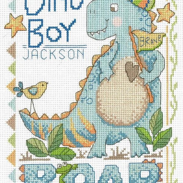 Dino Boy Birth Record Counted Cross Stitch Choice of Kit or Pattern