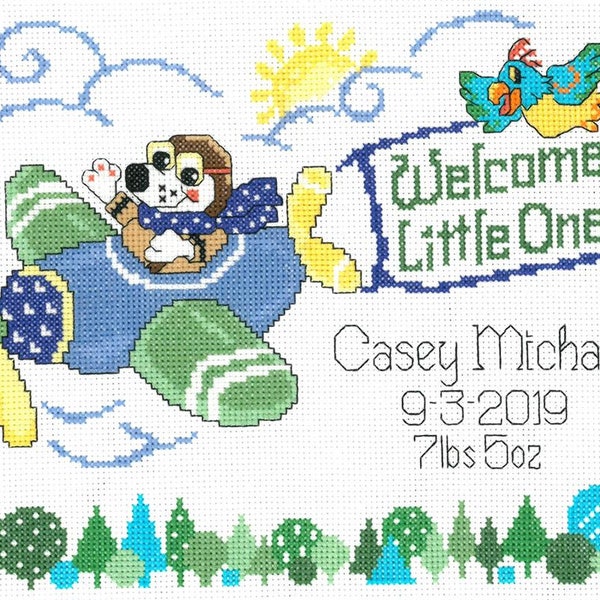 Little Pilot Birth Record Counted Cross Stitch Choice of Kit or Pattern