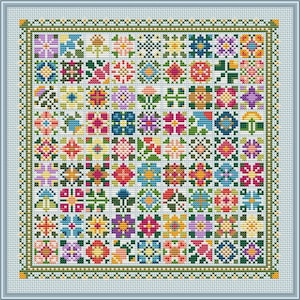 May include: A colorful cross-stitch pattern with a variety of floral designs in a square frame. The pattern is made up of small squares, each with a different design. The colors are bright and cheerful, and the pattern is perfect for a beginner cross-stitcher.