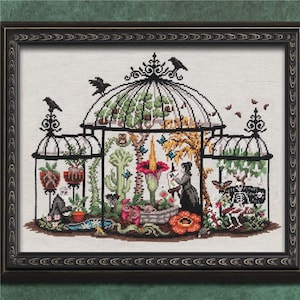 May include: A cross-stitch embroidery of a Victorian-style glass greenhouse filled with various plants, flowers, and small animals. There are three black birds perched on the top of the greenhouse.