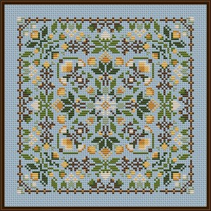 May include: A cross-stitch pattern with a floral design featuring white flowers, green leaves, and brown stems on a light blue background.