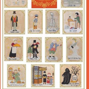 May include: A cross-stitch pattern sheet featuring scenes and characters from Charles Dickens' "A Christmas Carol." The design includes illustrations of Ebenezer Scrooge, Tiny Tim, and the Ghost of Christmas Past, with text from the story.