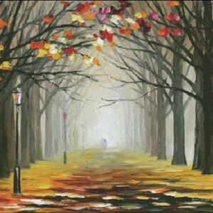 May include: A painting of a foggy forest path with trees on either side. The trees have fall foliage in shades of red, orange, and yellow. There is a couple walking in the distance.