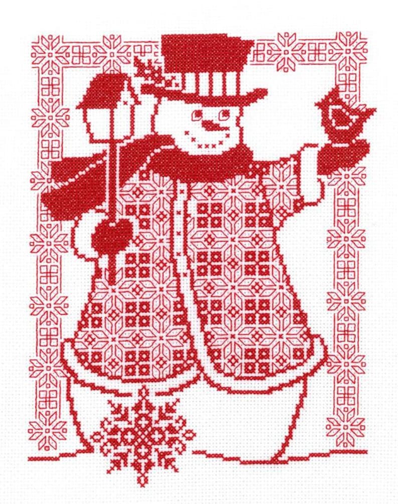 Redwork Snowman Counted Cross Stitch Pattern Etsy