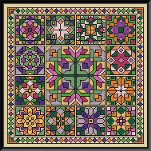 May include: A colorful cross-stitch pattern with a variety of geometric shapes and floral designs. The pattern is framed in a beige border with a repeating pattern of diamonds and squares.