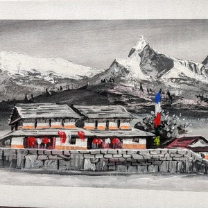 Handmade Canvas Acrylic Painting of The Himalayas Mountain Wall ArtD\u00e9cor from Nepal