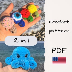 Sea animals crochet patterns mini turtle and mini octopus, crochet pattern, amigurumi pattern, turtle amigurumi, octopus amigurumi,