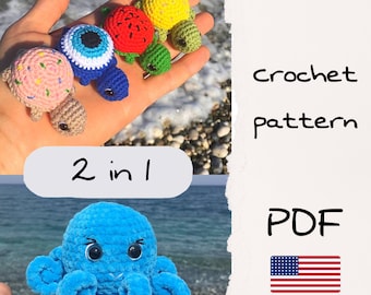 Sea animals crochet patterns mini turtle and mini octopus, crochet pattern, amigurumi pattern, turtle amigurumi, octopus amigurumi,