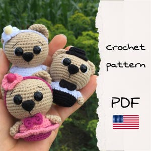 Bear amigurumi crochet pattern, tutorial set 3 in 1, teddy bear pattern, wedding gift idea, forest animals, mini crochet toys