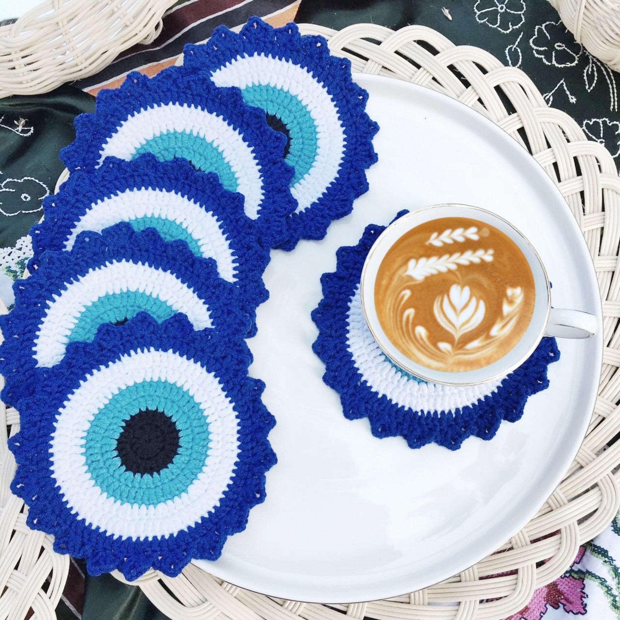 19 Evil Eye Crochet Patterns: Coasters, Squares and Home Decor 8 Evil Eye Crochet Coaster Pattern: Protection Home Decor