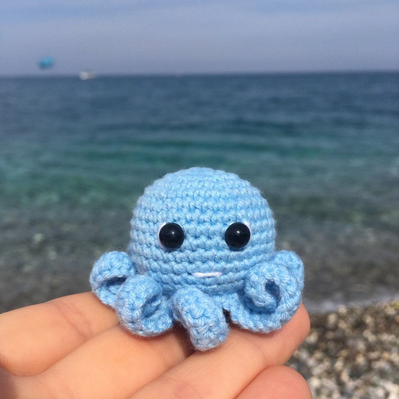 May include: A light blue crocheted octopus with black eyes. The octopus is sitting on a hand.