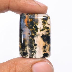 Puede incluir: Una gema rectangular con una superficie pulida. La piedra presenta una mezcla de colores, incluyendo transparente, negro, naranja y blanco. El patrón se asemeja a un paisaje con formaciones oscuras en forma de árbol. La gema se sostiene entre dos dedos.