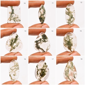 Puede incluir: Una colección de nueve piedras preciosas de ágata musgosa pulidas en varias formas, incluyendo rectangular, marquesa, ovalada y de lágrima. Cada piedra translúcida presenta inclusiones dendríticas verdes únicas.
