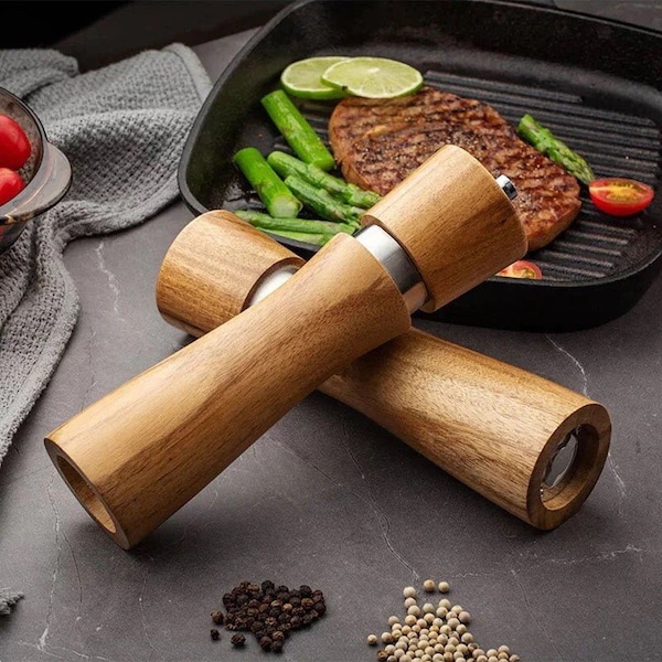 Modern Style New Wooden Pepper Mill,salt and pepper grinder,Best 8 inch Acacia Mill,Cleaning Brush,Solid Wood grinder,Home Gifts