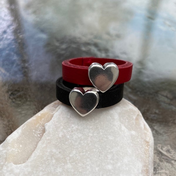 Leather ring with zamak heart element, leather jewelry, valentines day gift, love, friendship