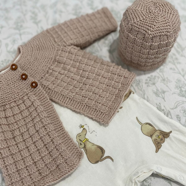 Knitting Pattern Garter Yoke Cardigan Set PDF Instant Digital Download Newborn to 3 months 4ply