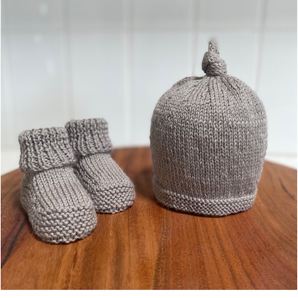 Knitting Pattern Baby top knot beanie and bootie set PDF Instant Digital Download Newborn to 3 months 4ply