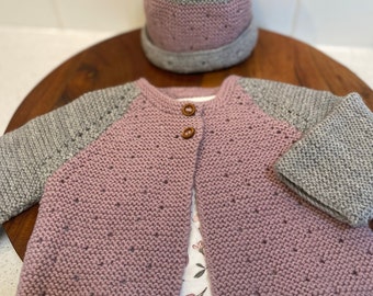 Knitting Pattern Eyelet Panel Cardigan and Beanie Set PDF Instant Digital Download size 3 months to 12 months 4ply
