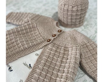 Knitting Pattern Garter Yoke Cardigan Set PDF Instant Digital Download Newborn to 3 months 4ply