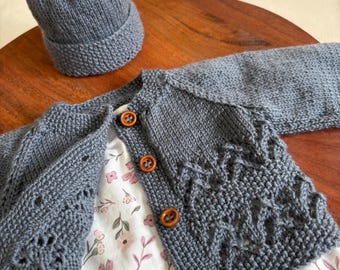 Knitting Pattern 4ply Moss Cardigan and Beanie PDF Instant Digital Download Size prem to 6 months
