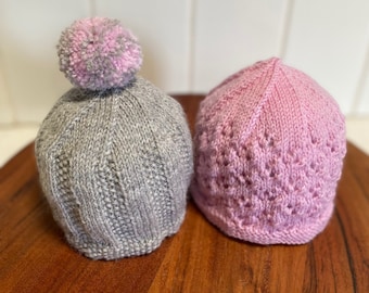 Knitting Pattern Pom Pom Beanie Set PDF Instant Digital Download Newborn to 3 months 4ply
