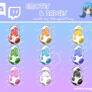 Peut inclure: Ensemble de neuf émoticônes et badges d'œufs de dinosaures de dessin animé colorés. Chaque œuf est fêlé pour révéler un dinosaure à l'intérieur. Les œufs sont de différentes couleurs, notamment rouge, orange, jaune, vert, bleu, rose et gris. Le texte "EMOTES & BADGES" est en haut de l'image, et le texte "made by StrugglePlay" est en dessous. Le texte "twitch.tv/struggleplay" est en bas de l'image.