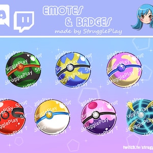 Könnte beinhalten: Sechs bunte Poké Ball Emojis mit dem Text "StrugglePlay" auf jedem. Die Emojis sind für Twitch und Discord konzipiert.