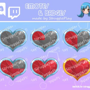 May include: Four heart-shaped badges with a red and gray design. The badges have a blue outline and a gold outline. The text "StrugglePlay" is on each badge. The text "EMOTES & BADGES" is at the top of the image. The text "made by StrugglePlay" is below the text "EMOTES & BADGES".
