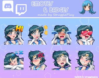 Cute Blue Hair Magical Girl Emotes Pack | 8x Static Anime Chibi Stream Expressions Bundle | Cosmic Blue Discord Stickers Chat Reactions