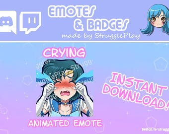 Animated Cute Magical Girl Twitch Emote | Crying Blue Hair Warrior Princess GIF Stream Asset | Cosmic Blue Chibi Discord Sticker Chat Badge