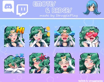 Cute Teal Hair Magical Girl Emotes Pack | 8x Static Anime Chibi Stream Expressions Bundle | Cosmic Deep Blue Discord Stickers Chat Reactions