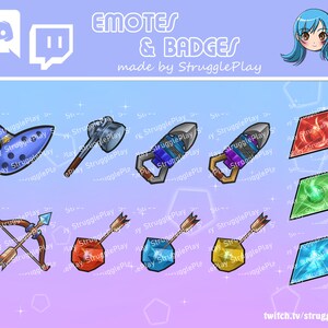 May include: A set of Twitch emotes and badges featuring a blue ocarina, a hammer, a blue and purple bomb, a red diamond with flames, a green diamond with a green apple, a bow and arrow, a red diamond with a yellow arrow, a blue diamond with a yellow arrow, and a blue diamond with a blue arrow. The text "EMOTES & BADGES made by StrugglePlay" is at the top of the image.