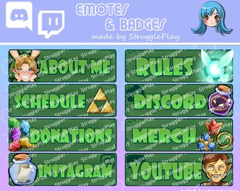 Retro Fantasy Ocarina Twitch Panels Set | Green Gold Time Travel Gaming About Me Bio Buttons | Nostalgic Stream Graphics Package OBS