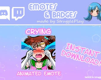 Animated Cute Magical Girl Twitch Emote | Crying Brown Hair Warrior Princess GIF Stream Asset | Cosmic Green Discord Sticker Chat Badge