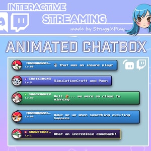 Könnte beinhalten: Ein interaktives, animiertes Chatbox-Overlay für Streaming mit hellblauem Hintergrund und weißem Text, der INTERACTIVE STREAMING und ANIMATED CHATBOX liest. Es enthält fünf horizontale Chat-Nachrichtenleisten in Blau, Lila und Grün.