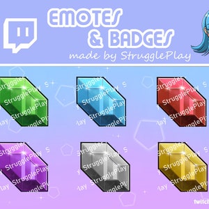 Puede incluir: Seis emoticonos y badges de Twitch en forma de gema con diferentes colores con el texto "Struggle Play" en cada uno. Los emoticonos son verde, azul, rojo, morado, plateado y dorado.