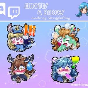 Könnte beinhalten: Vier bunte Comic-Tier-Emojis mit verschiedenen Ausdrücken. Die Emojis sind für Twitch konzipiert und zeigen ein blaues und weißes Kaninchen, das "Hallo" sagt, ein grünes und braunes Kaninchen mit einem Pinsel, eine braune und blaue Katze mit einer blauen Träne und eine blaue und weiße Katze mit einem rosa Ausrufezeichen.