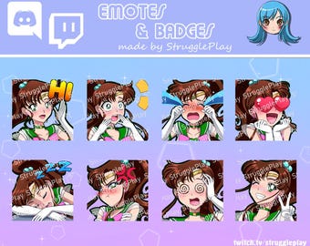 Cute Brown Hair Magical Girl Emotes Pack | 8x Static Anime Chibi Stream Expressions Bundle | Cosmic Green Discord Stickers Chat Reactions